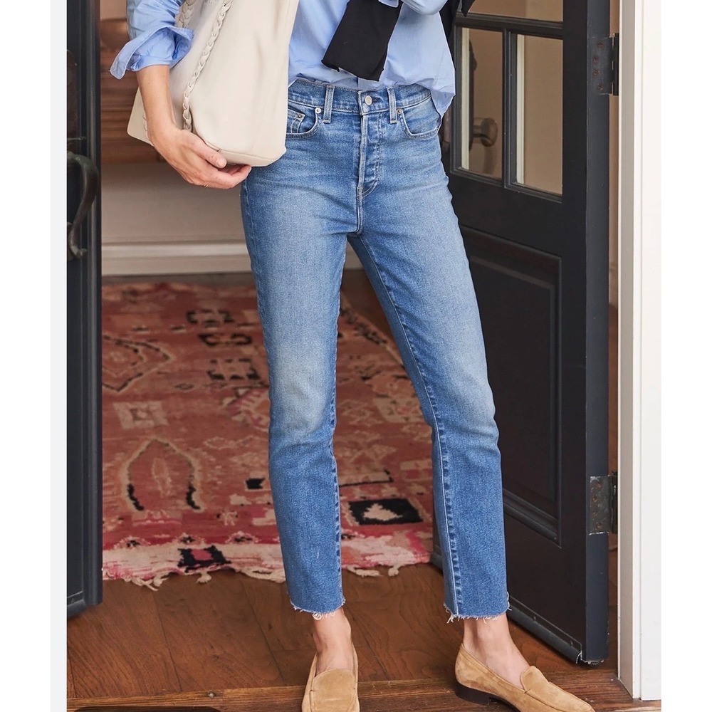 Frank & Eileen Cork High Rise Straight Leg Jeans Antique Blue Sz 29 D601 Raw Hem